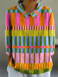 Women's Abstract Geometric Pattern Art Print Casual Cotton And Linen 3/4 Sleeve Shirt