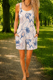 Women’s Cream Blue Floral Print Casual Cotton Wide Leg Romper