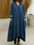 Relaxed Ruffle-Trim V-Neck Maxi Dress with Pockets