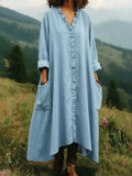 Textured Cotton V-Neck Ruffle-Trim Maxi Dress with Pockets