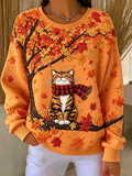 Women Casual Halloween Cat Crew Neck Long Sleeve Sweatshirt