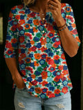 Women’s Vintage Floral Print Casual Half Sleeve Henley Cotton Top RSST201