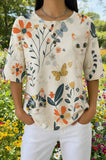 Womens Cream Floral Butterfly Cat Print Casual Shirt