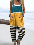Wome'S Holiday Style Geometric Art Stripe Pattern Print Casual Cotton Wide Leg Jumpsuit