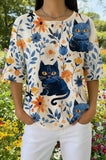 Womens White Blue Floral Black Cat Print Casual Shirt