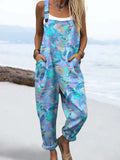 Women's Vintage Ocean Marine Turtle Print Casual Cotton Wide Leg Jumpsuit
