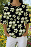 Womens Black White Floral Print Casual Henley Shirt