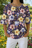 Womens Dark Blue Floral Print Casual Shirt