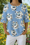 Womens Light Blue Sketch Floral Print Casual Waffle Cotton Shirt