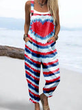 Wome'S Independence Day Heart Tie-Dye Pattern Print Casual Cotton Wide Leg Jumpsuit