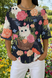 Womens Black Floral Cat in Basket Print Casual Shirt