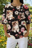 Womens Black Pink Floral Cat Print Casual Shirt