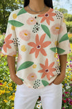 Womens Cream Floral Print Casual Henley Shirt