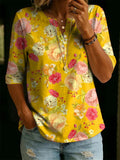 Women’s Vintage Floral Print Casual Half Sleeve Henley Cotton Top RSST202