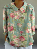 Women's Retro Floral Art Print Casual Cotton And Linen Shirt
