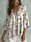 Women's Vintage Floral Art Print Casual Bat Sleeve Denim Shirt