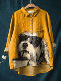 Cute Animal Sunglasses Coffee Dog Art Animal Vintage Print Casual Cotton And Linen Shirt RB001