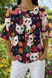 Womens Black Floral Cartoon Cat Print Casual Shirt