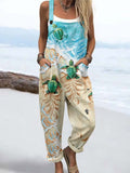 Wome'S Underwater World Turtle'S Yearning Pattern Print Casual Cotton Wide Leg Jumpsuit
