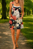 Women’s Black Red Rose Cat Print Casual Cotton Wide Leg Romper