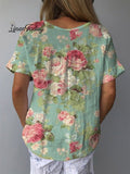 Women's Retro Floral Art Print Casual Cotton And Linen Shirt