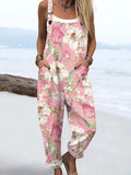 Women's Vintage Floral Art Print Casual Cotton Wide Leg Jumpsuit