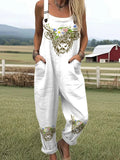 Women's Vintage Happy Highland Cow Flowers Art Print Casual Cotton Wide Leg Jumpsuit