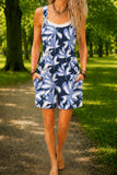 Women’s Blue Tropical Leaf Print Casual Cotton Wide Leg Romper