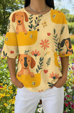 Womens Yellow Floral Multi-Dog Print Casual Shirt