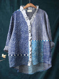 Women's Retro Abstract Dot Art Print Casual Cotton And Linen Ruffle Shirt