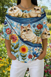 Womens Cream Floral Patchwork Cat Print Casual Shirt