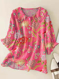 Women's Vintage Flowers Art Print Casual Linen V-neck Shirt