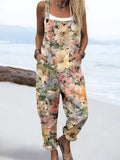 Wome'S Retro Hazy Floral Pattern Print Casual Cotton Wide Leg Jumpsuit