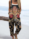 Wome'S Retro Floral Pattern Print Casual Cotton Wide Leg Jumpsuit