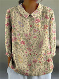 Women's Vintage Lovely Floral Art Print Casual Cotton And Linen 3/4 Sleeve Shirt
