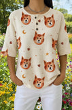 Womens Cream Paw Print Crescent Moon Cat Print Casual Shirt