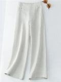 Women's Solid Color Button Half Elastic High Waist Casual Cotton and Linen Wide Leg Pants