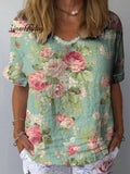 Women's Retro Floral Art Print Casual Cotton And Linen Shirt