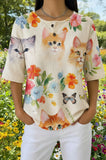 Womens Beige Autumn Leaf Cat Print Casual Shirt