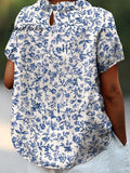 Women's Simple Small Blue Flowers Print Casual Cotton And Linen Shirt