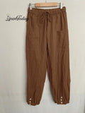 High-waisted Buttoned Cotton and Linen Pants Cropped Pants