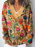 Vintage Floral Art Print Knit V-neck Pullover Sweater