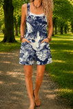 Women’s Navy Blue Cat Floral Print Casual Cotton Wide Leg Romper