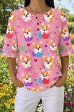 Womens Pink Corgi Heart Print Casual Shirt