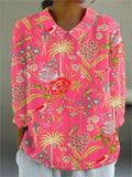 Women's Vintage Flowers Art Print Casual Linen V-neck Shirt