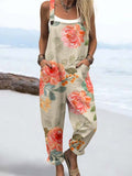 Wome's Watercolor Rose Pattern Print Casual Cotton Wide Leg Jumpsuit