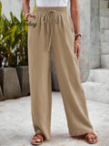 Women's Cotton Vacation Elastic Waist Lace-up Loose Wide Leg Solid Color Casual Pants