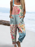 Women's Vintage Polka Dots And Flowers Print Casual 100% Cotton Wide Leg Jumpsuit