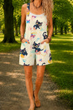 Women’s Cream Cute Cat Print Casual Cotton Wide Leg Romper