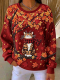 Women Casual Halloween Cat Crew Neck Long Sleeve Sweatshirt